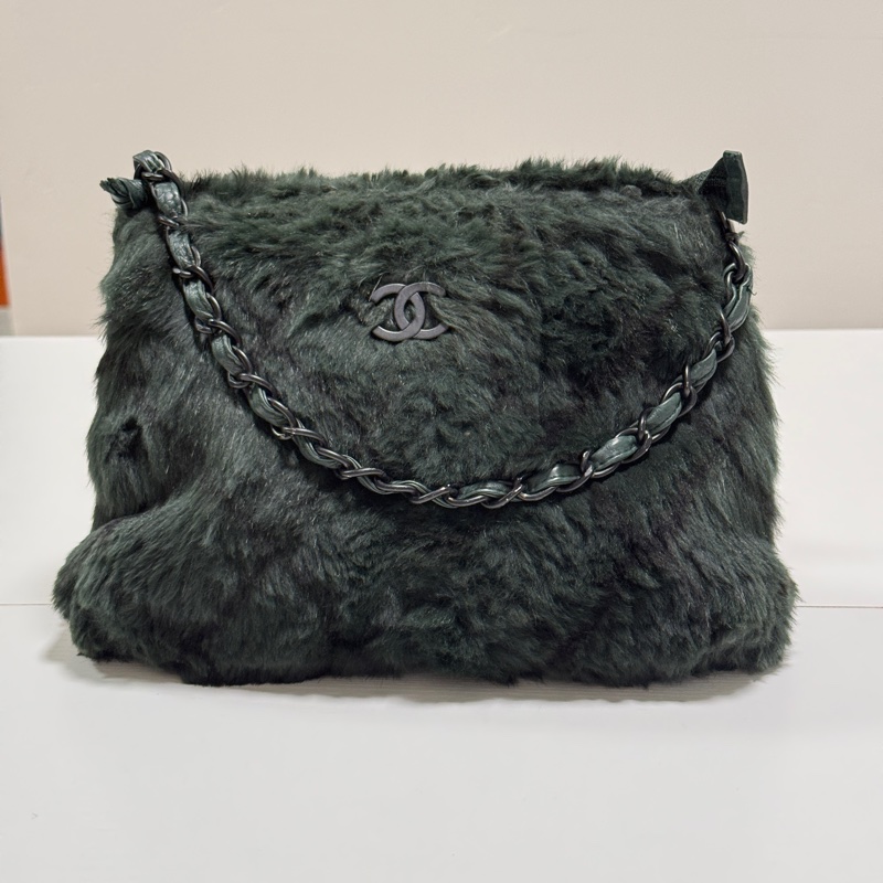 （日本中古）Chanel香奈兒 墨綠色毛毛 手提包-6