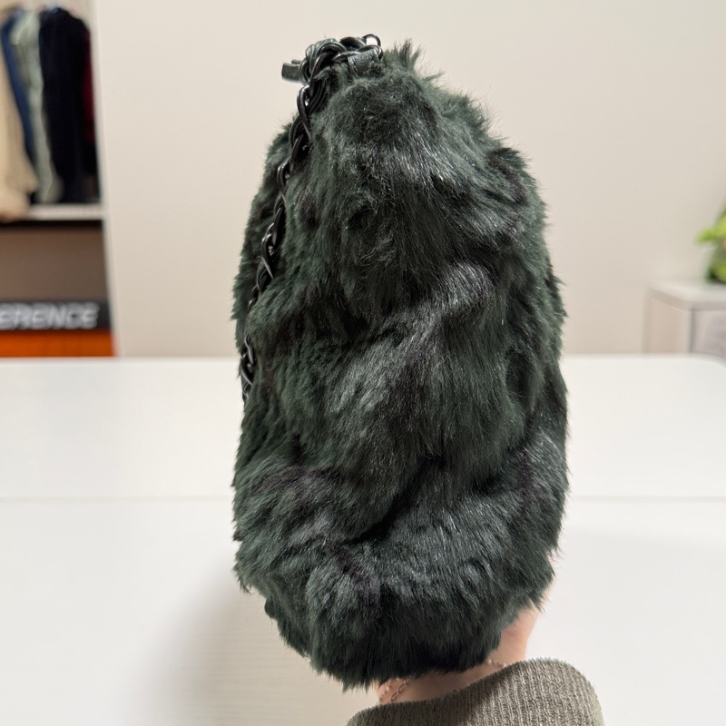 （日本中古）Chanel香奈兒 墨綠色毛毛 手提包-10
