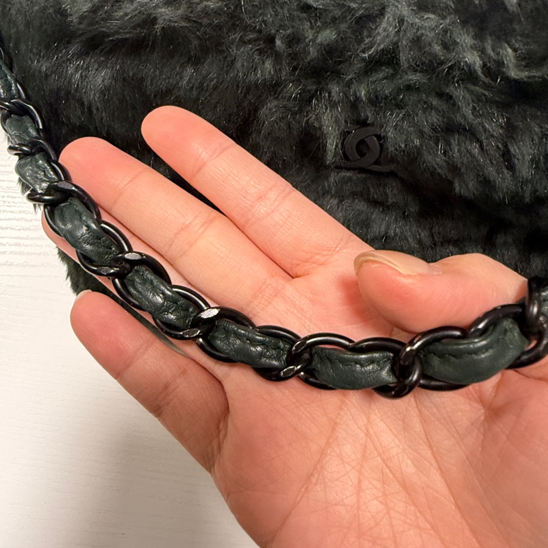 （日本中古）Chanel香奈兒 墨綠色毛毛 手提包-18