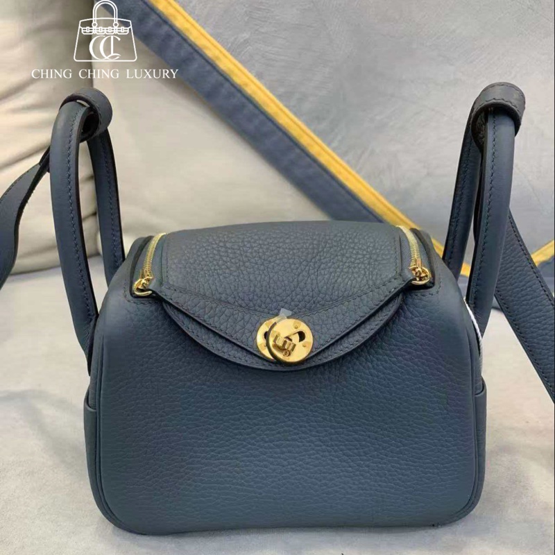 🌈Hermes💙Mini Lindy一代💙Y7風暴藍色金扣💙閑置未使用 🌈TC皮🌟Stamp Y🌟-0