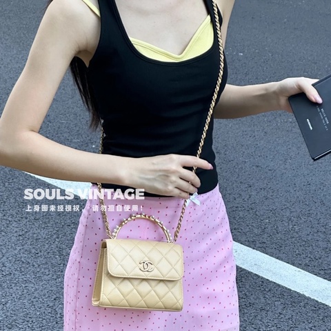 ✨Chanel 手柄珍珠 奶茶色Kelly 99新 晶片款🤍