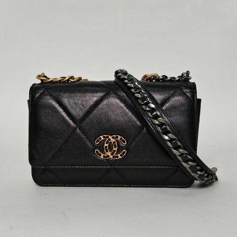 CHANEL 19BAG吸扣WOC19黑色羊皮29開金銀扣肩背包