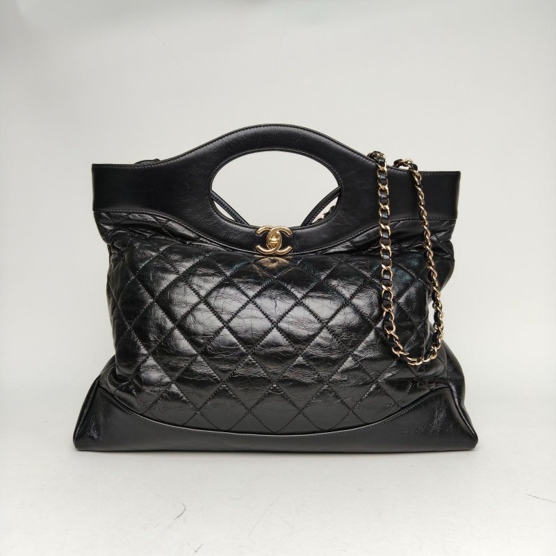 CHANEL 31Bag大號橫版39黑色牛皮28開金扣肩背包-0