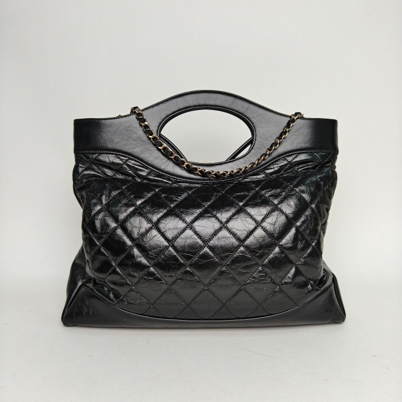 CHANEL 31Bag大號橫版39黑色牛皮28開金扣肩背包-2