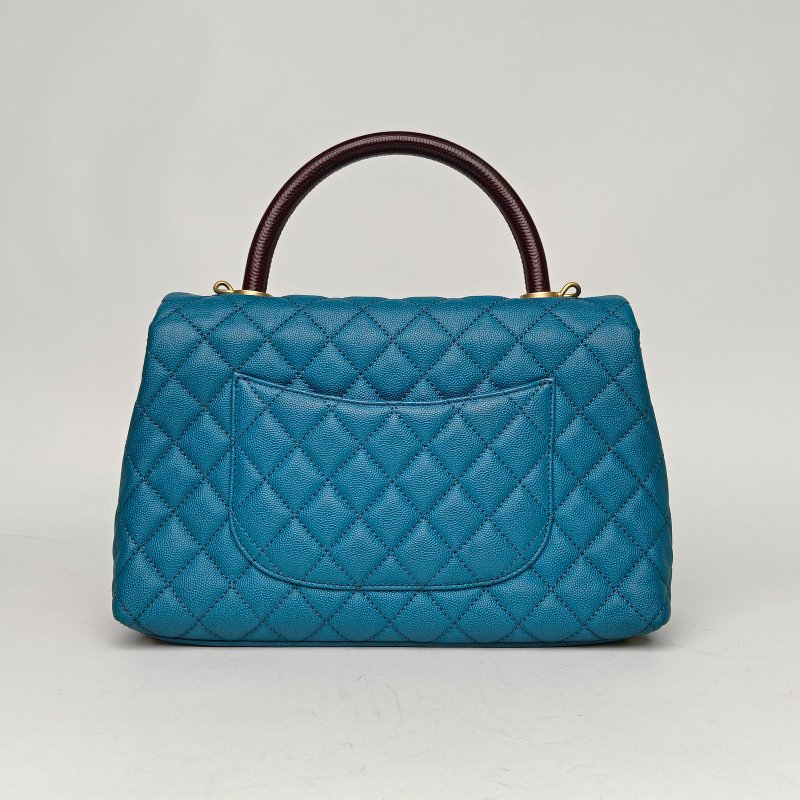 CHANEL CocoHandle中號29綠色荔枝牛皮28開金扣蜥蜴皮手柄肩背包-2