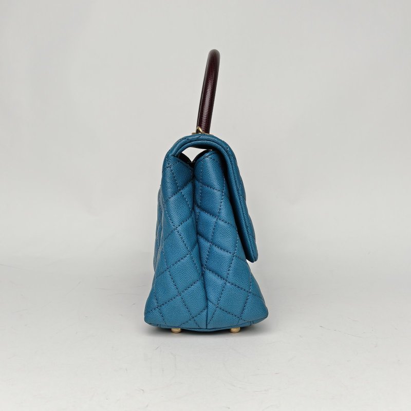 CHANEL CocoHandle中號29綠色荔枝牛皮28開金扣蜥蜴皮手柄肩背包-3