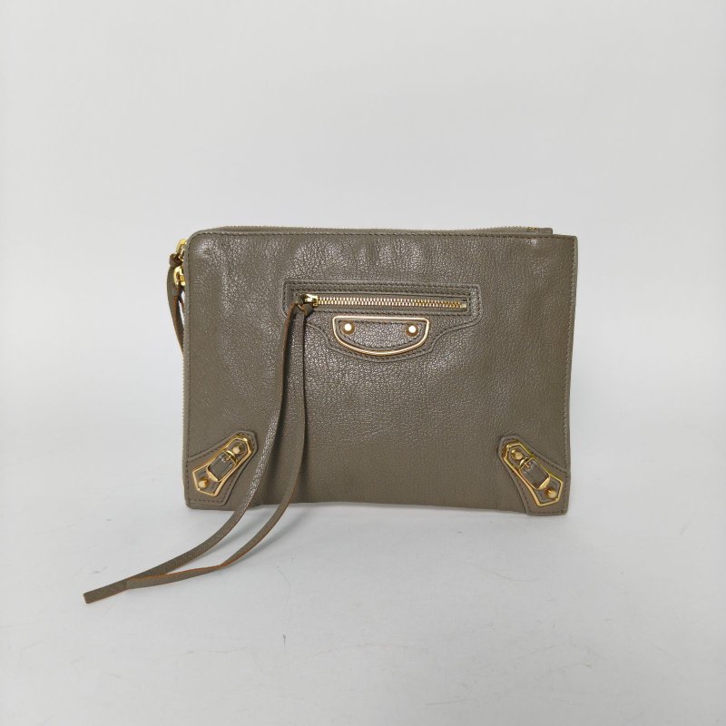 BALENCIAGA Classic機車手拿包灰色羊皮肩背包-0