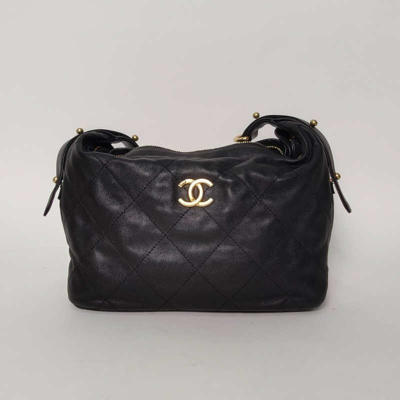 CHANEL 22S粗鏈條Hobo嬉皮包中號黑色牛皮晶片開金扣肩背包-0