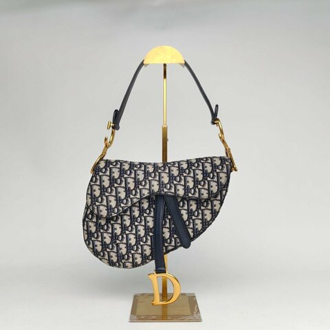 DIOR SADDLE馬鞍中號25.5配肩帶藍色帆布金扣2020Oblique印花字母刺繡肩背包