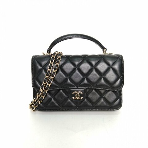 CHANEL 24p手柄CFwoc17黑色羊皮鐳射標淺金扣肩背包