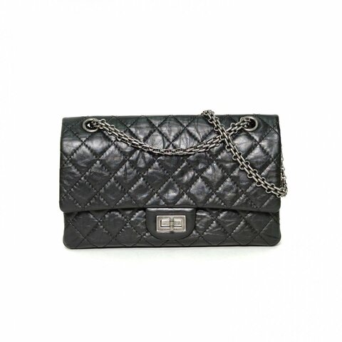 CHANEL 2.55口蓋包小號24黑色牛皮28開銀扣肩背包