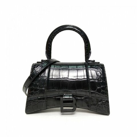 BALENCIAGA 鱷魚壓紋Hourglass沙漏手袋XS碼黑扣黑色牛皮Lisa同款肩背包