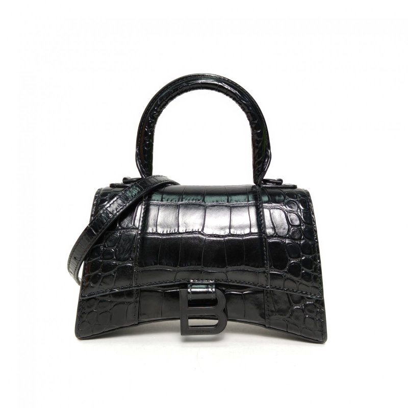 BALENCIAGA 鱷魚壓紋Hourglass沙漏手袋XS碼黑扣黑色牛皮Lisa同款肩背包-0