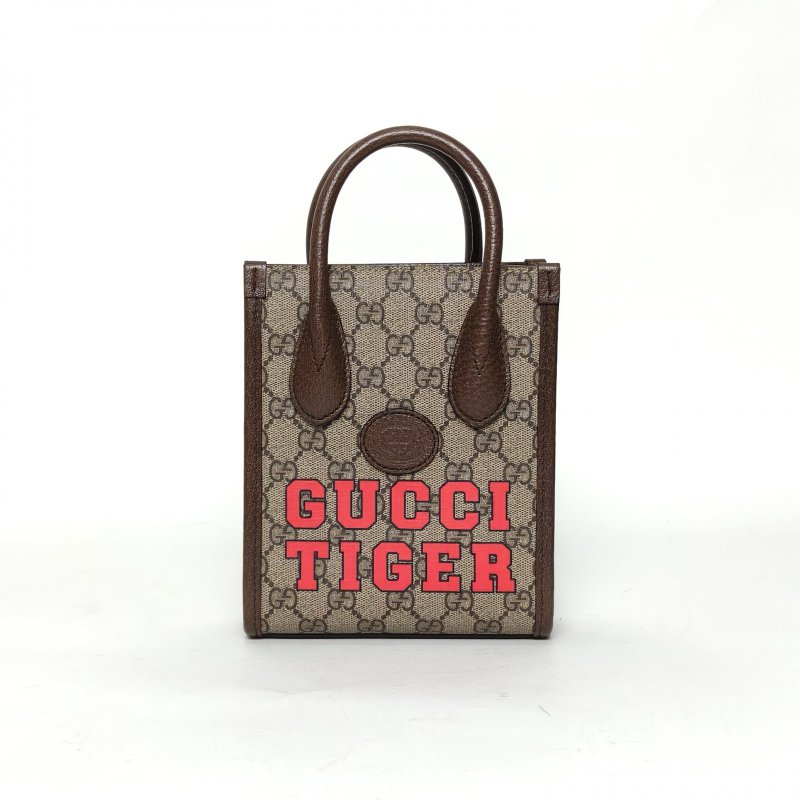 GUCCI GGRetro皮標帆布拼皮老花LOGO迷你托特包單肩斜挎包烏木色PVC金扣虎年限定款肩背包-0