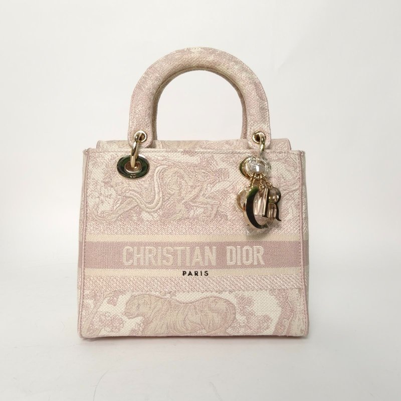 DIOR LadyD-Lite戴妃包中號24粉色帆布金扣2021肩背包-0