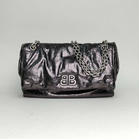 BALENCIAGA 黑色油蠟皮銀扣MonacoBBLOGO鏈條包肩背包