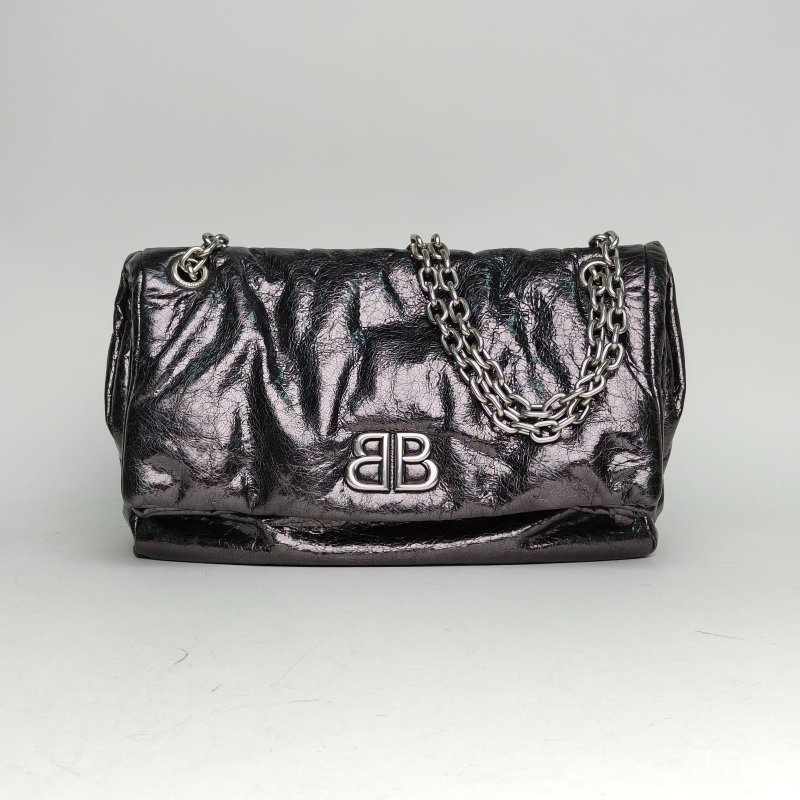BALENCIAGA 黑色油蠟皮銀扣MonacoBBLOGO鏈條包肩背包-0