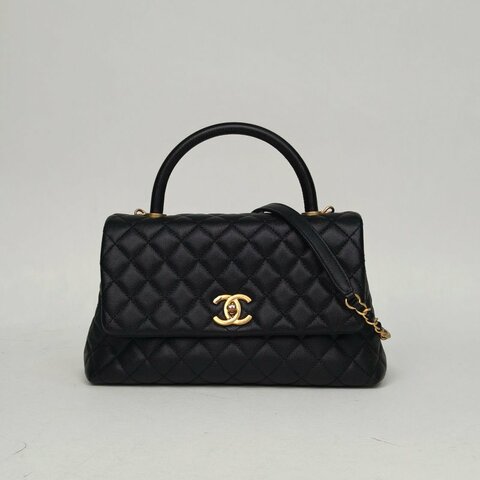 CHANEL CocoHandle中號29黑色荔枝牛皮27開金扣肩背包