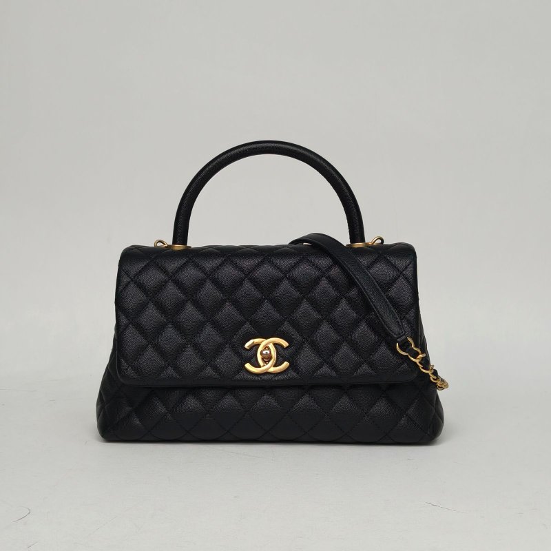 CHANEL CocoHandle中號29黑色荔枝牛皮27開金扣肩背包-0