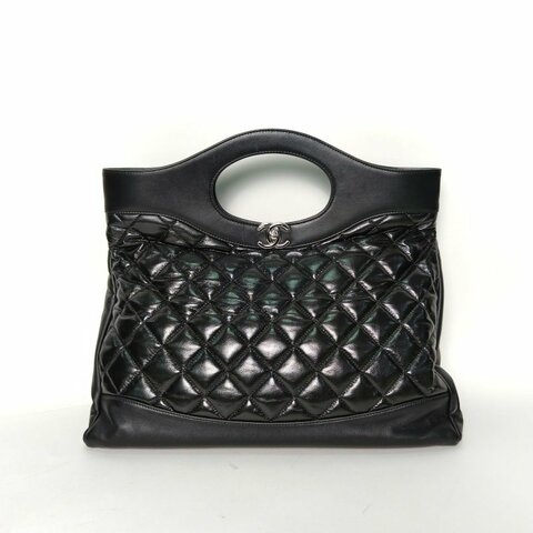 CHANEL 31Bag大號橫版39黑色油蠟皮28開銀扣肩背包