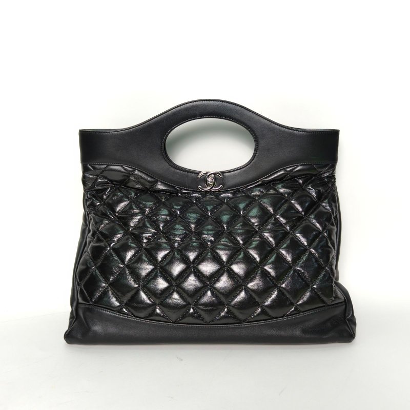 CHANEL 31Bag大號橫版39黑色油蠟皮28開銀扣肩背包-0