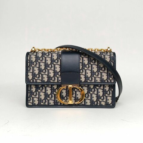 DIOR 30Montaigne蒙田鏈條肩帶中號25藍色帆布金扣2020Oblique印花肩背包