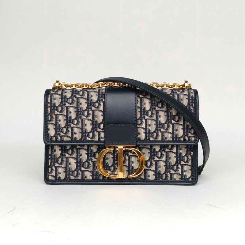 DIOR 30Montaigne蒙田鏈條肩帶中號25藍色帆布金扣2020Oblique印花肩背包-0
