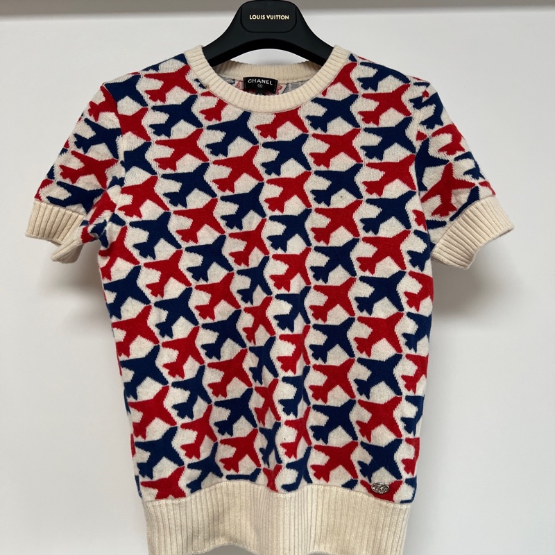 香奈兒Chanel 白色滿印飛機圖案短袖針織衫 38碼-5