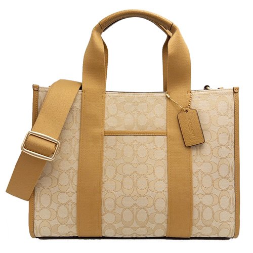 [全新] COACH C LOGO緹花織布拼牛皮手提斜背兩用琴譜大方包(膚)-0