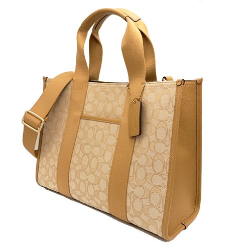 [全新] COACH C LOGO緹花織布拼牛皮手提斜背兩用琴譜大方包(膚)-1