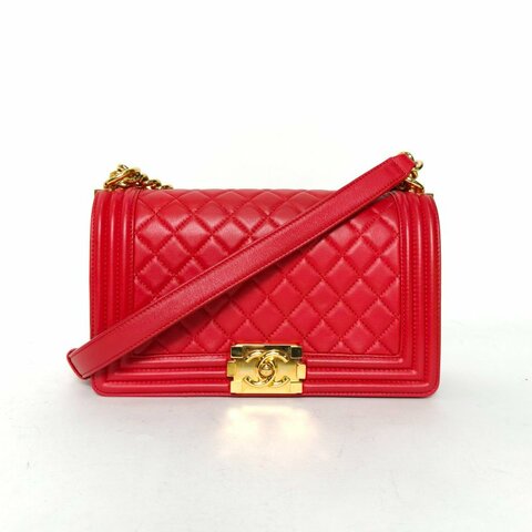CHANEL Leboy中號25紅色羊皮17開金扣肩背包