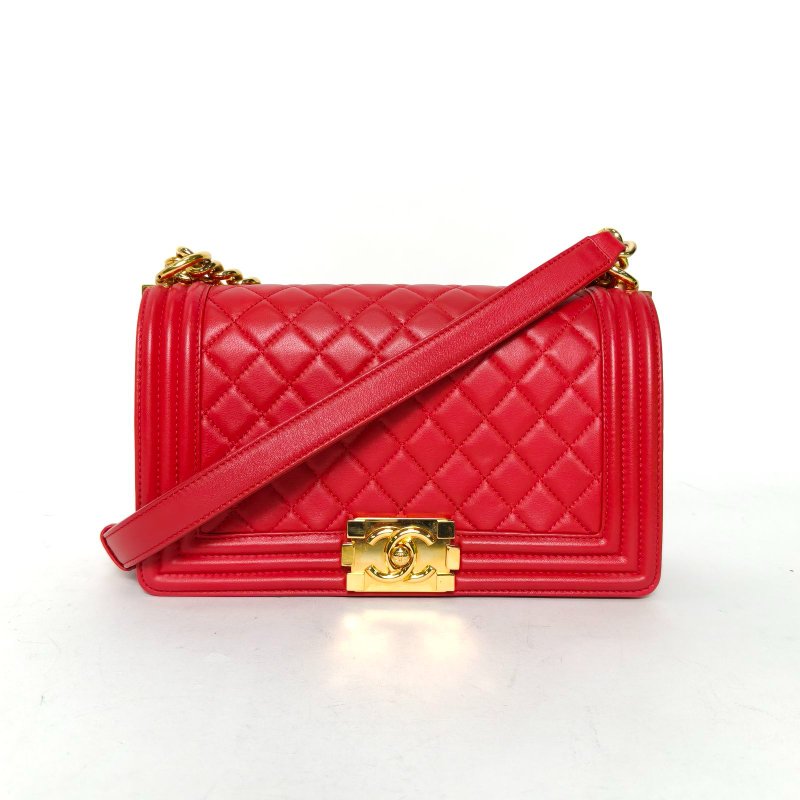 CHANEL Leboy中號25紅色羊皮17開金扣肩背包-0