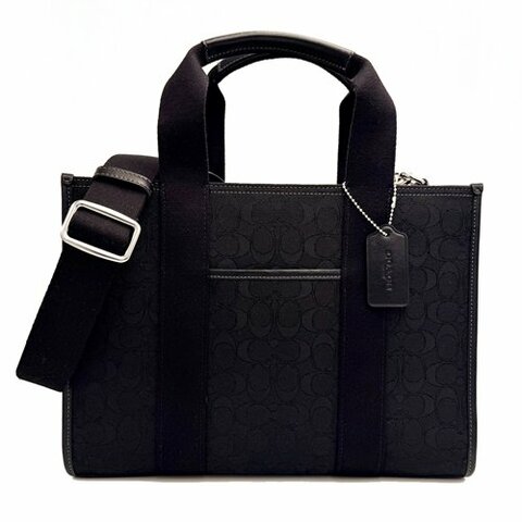 [全新] COACH  C LOGO緹花織布拼牛皮手提斜背兩用琴譜大方包(黑)