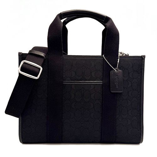 [全新] COACH  C LOGO緹花織布拼牛皮手提斜背兩用琴譜大方包(黑)-0