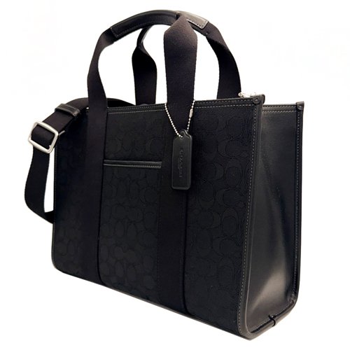 [全新] COACH  C LOGO緹花織布拼牛皮手提斜背兩用琴譜大方包(黑)-1