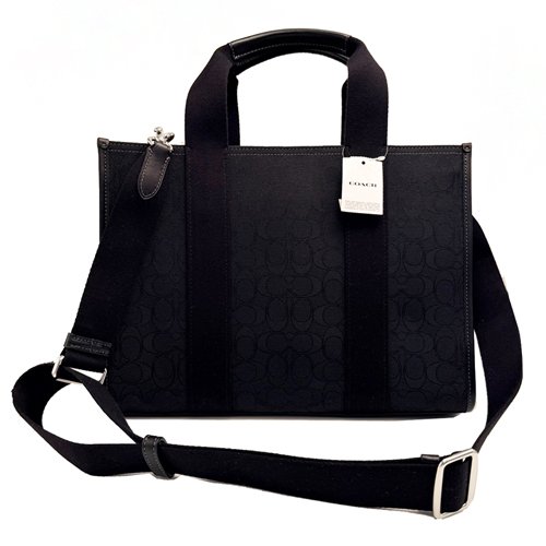 [全新] COACH  C LOGO緹花織布拼牛皮手提斜背兩用琴譜大方包(黑)-2