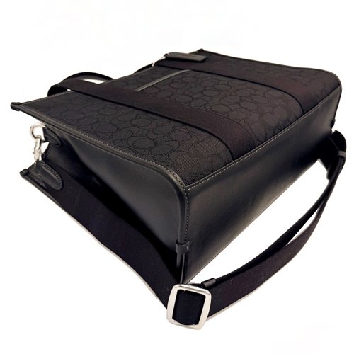 [全新] COACH  C LOGO緹花織布拼牛皮手提斜背兩用琴譜大方包(黑)-3