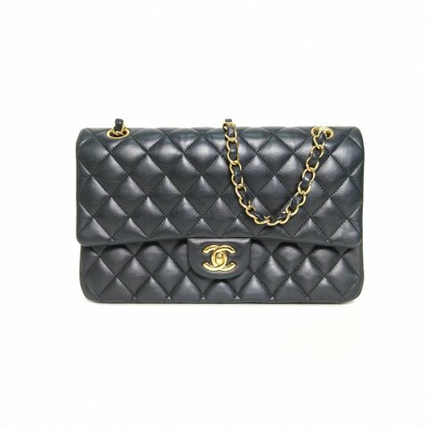 CHANEL CF口蓋包中號25.5黑色羊皮23開金扣菱格紋肩背包