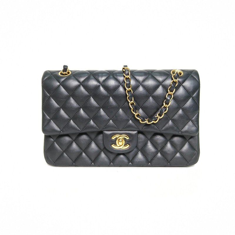 CHANEL CF口蓋包中號25.5黑色羊皮23開金扣菱格紋肩背包-0