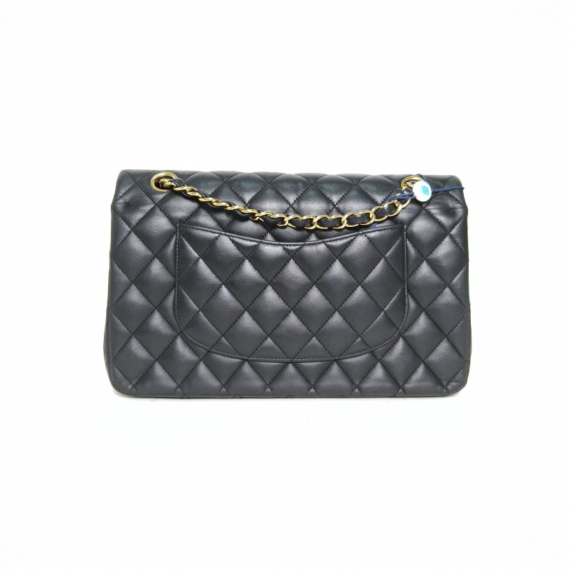 CHANEL CF口蓋包中號25.5黑色羊皮23開金扣菱格紋肩背包-2