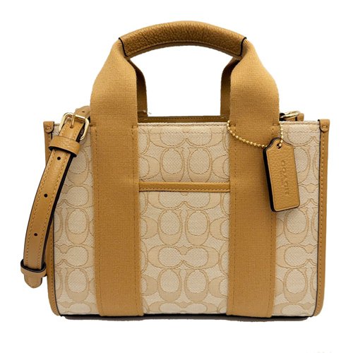 [全新] COACH C LOGO緹花織布拼牛皮手提斜背兩用小琴譜方包(膚)-0