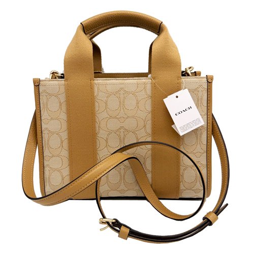 [全新] COACH C LOGO緹花織布拼牛皮手提斜背兩用小琴譜方包(膚)-2