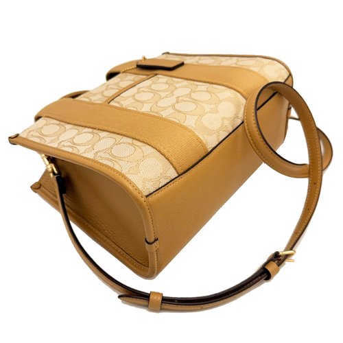 [全新] COACH C LOGO緹花織布拼牛皮手提斜背兩用小琴譜方包(膚)-3