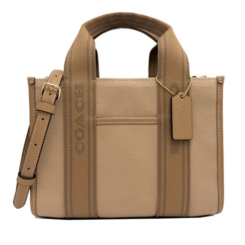 [全新] COACH 素面帆布拼牛皮手提斜背兩用小琴譜方包(卡其米)-0