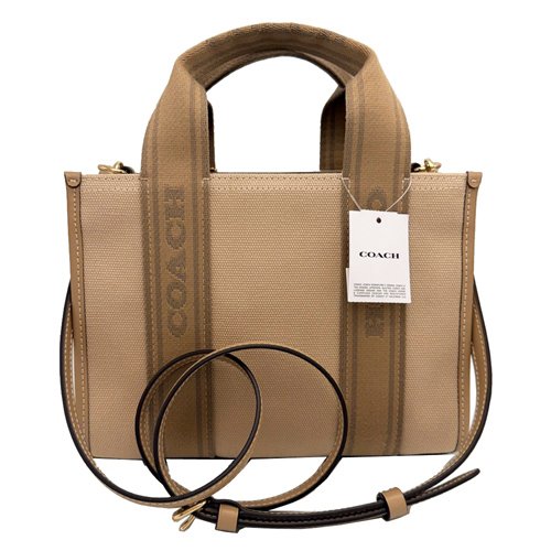 [全新] COACH 素面帆布拼牛皮手提斜背兩用小琴譜方包(卡其米)-2