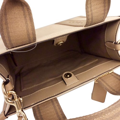 [全新] COACH 素面帆布拼牛皮手提斜背兩用小琴譜方包(卡其米)-4