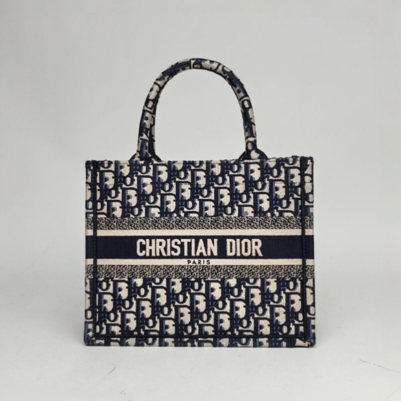 DIOR BookTote小號26.5藍色帆布2022Oblique印花字母刺繡肩背包-0