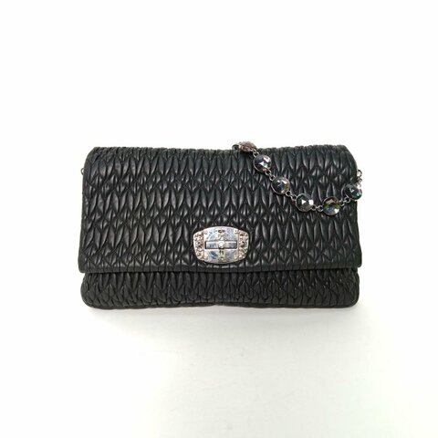 MIU MIU 黑色羊皮銀扣Crystal褶皺寶石鏈條包34肩背包