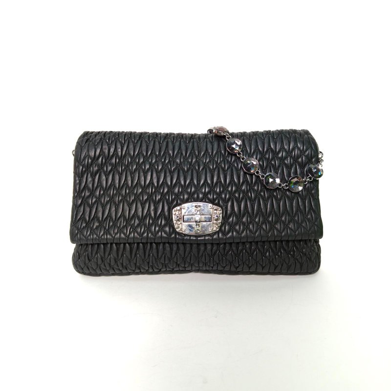 MIU MIU 黑色羊皮銀扣Crystal褶皺寶石鏈條包34肩背包-0