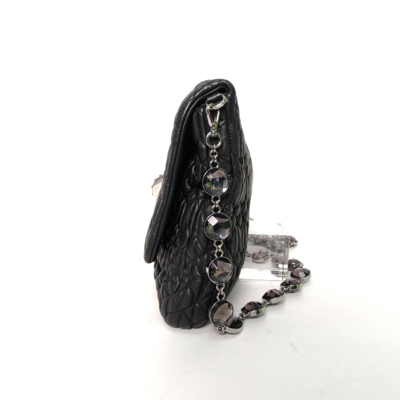 MIU MIU 黑色羊皮銀扣Crystal褶皺寶石鏈條包34肩背包-3